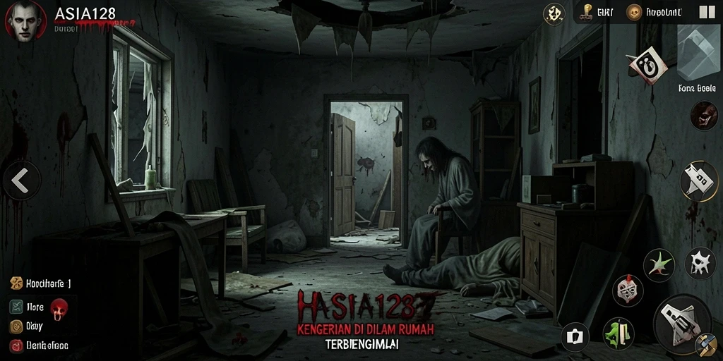 Tampilan antarmuka menegangkan dari ASIA128 saat menjelajahi rumah hantu.