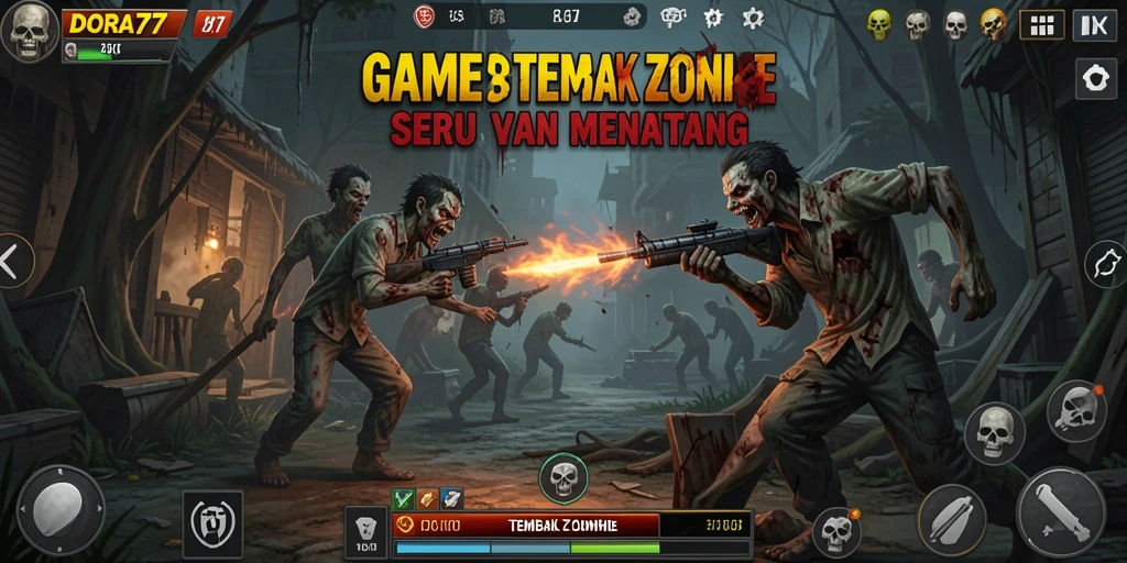Antarmuka permainan DORA77 yang seru saat menembak zombie.