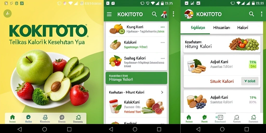Tampilan antarmuka KOKITOTO dengan fitur Hitung Kalori yang lengkap.